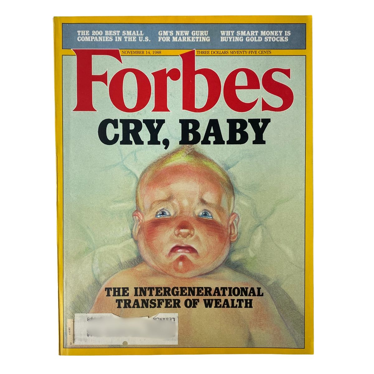 Cover of Forbes Magazine from November 14, 1988, titled 'Cry, Baby', featuring the cover story on 'The Intergenerational Transfer of Wealth'.
