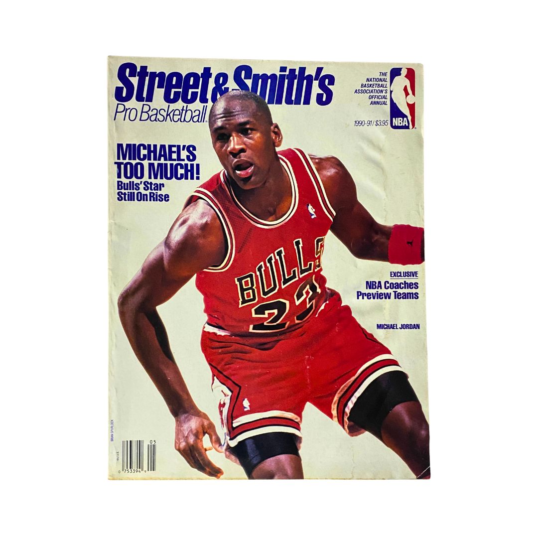 Cover of Street & Smith's Pro Basketball Magazine 1990-1991 featuring Michael Jordan in his Chicago Bulls uniform, showcasing a vibrant image capturing his athleticism and iconic presence in the NBA.