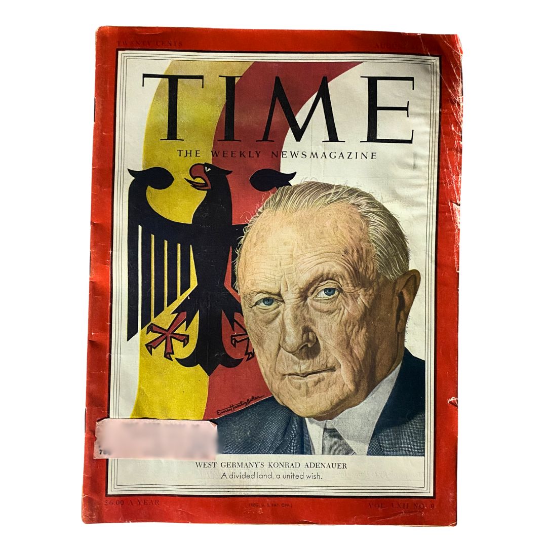 Vintage Time Magazine cover from August 31, 1953 featuring West Germany's Konrad Adenauer, Vol 62 No. 9, depicting the political leader with the German eagle emblem in the background.