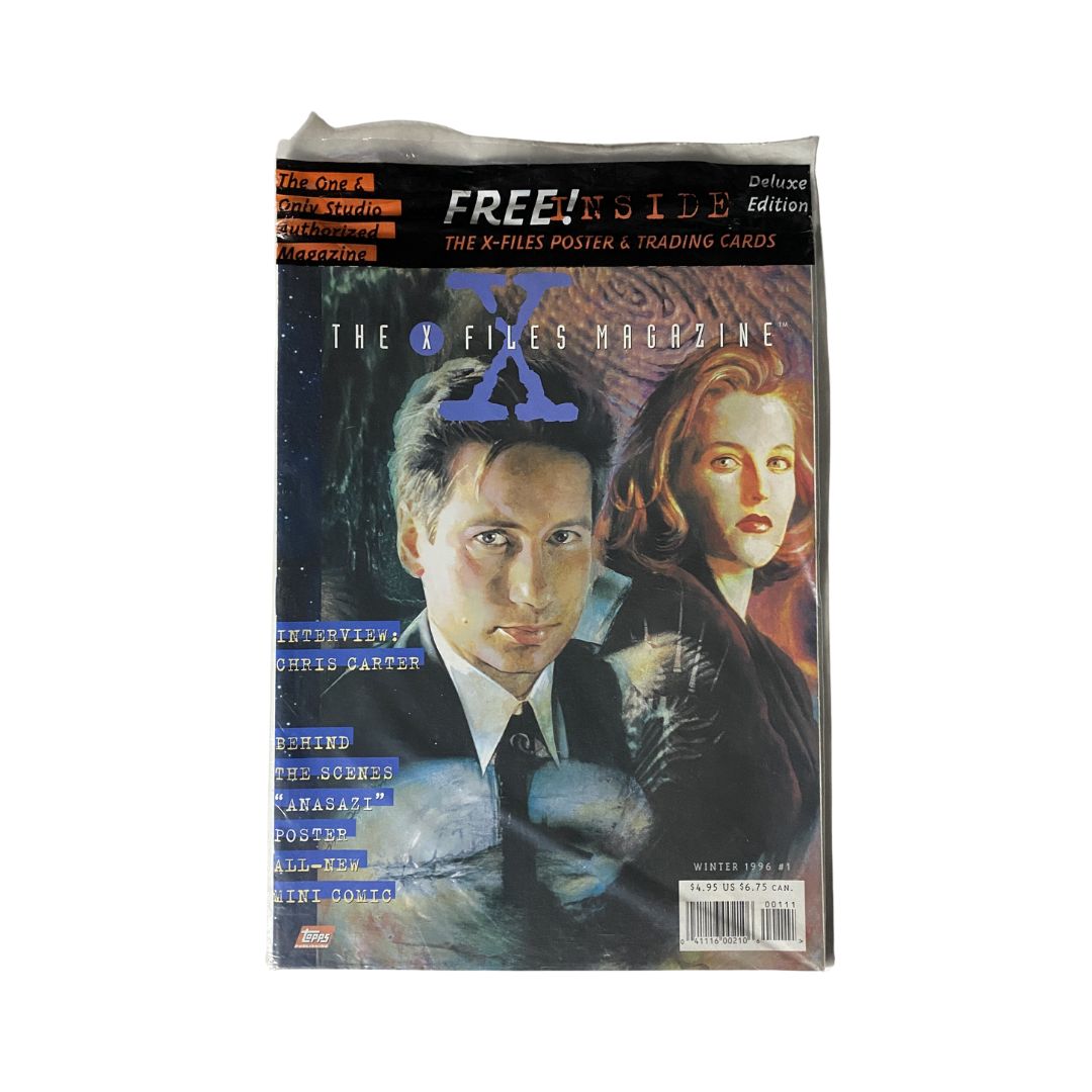 The X Files Magazine Winter 1996 #1 featuring David Duchovny and Gillian Anderson on the cover, highlighting interviews, behind-the-scenes content, and exclusive collectible items.