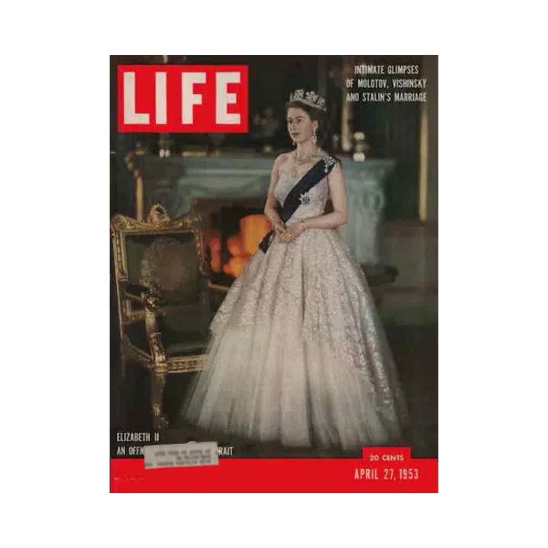VTG Life Magazine April 27, 1953 featuring Queen Elizabeth II in a stunning coronation gown, showcasing the fashion of her royal event.
