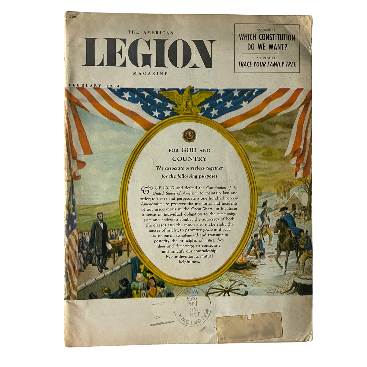 Cover of The American Legion Magazine, February 1954 titled 'For God and Country'. Features patriotic imagery with flags, an emblem, and text outlining the magazine's purpose. Ideal for collectors and history enthusiasts interested in mid-20th century American culture.