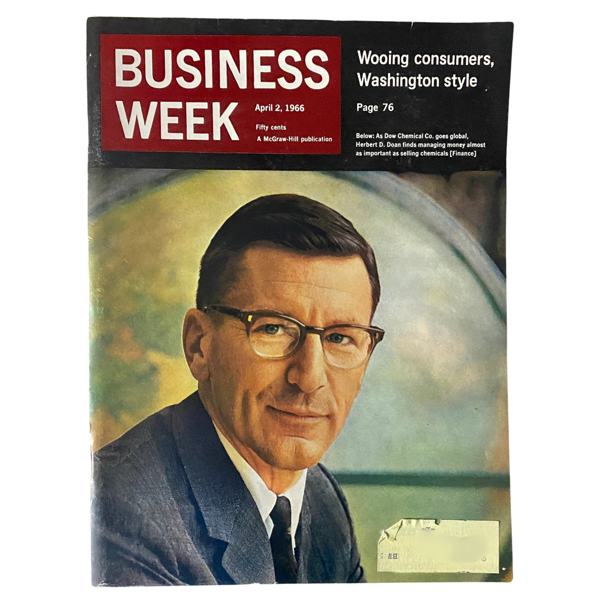 Business Week Magazine April 2 1966 cover featuring a portrait of Herbert D. Doan, Dow Chemical Co., with the headline 'Wooing consumers, Washington style'.