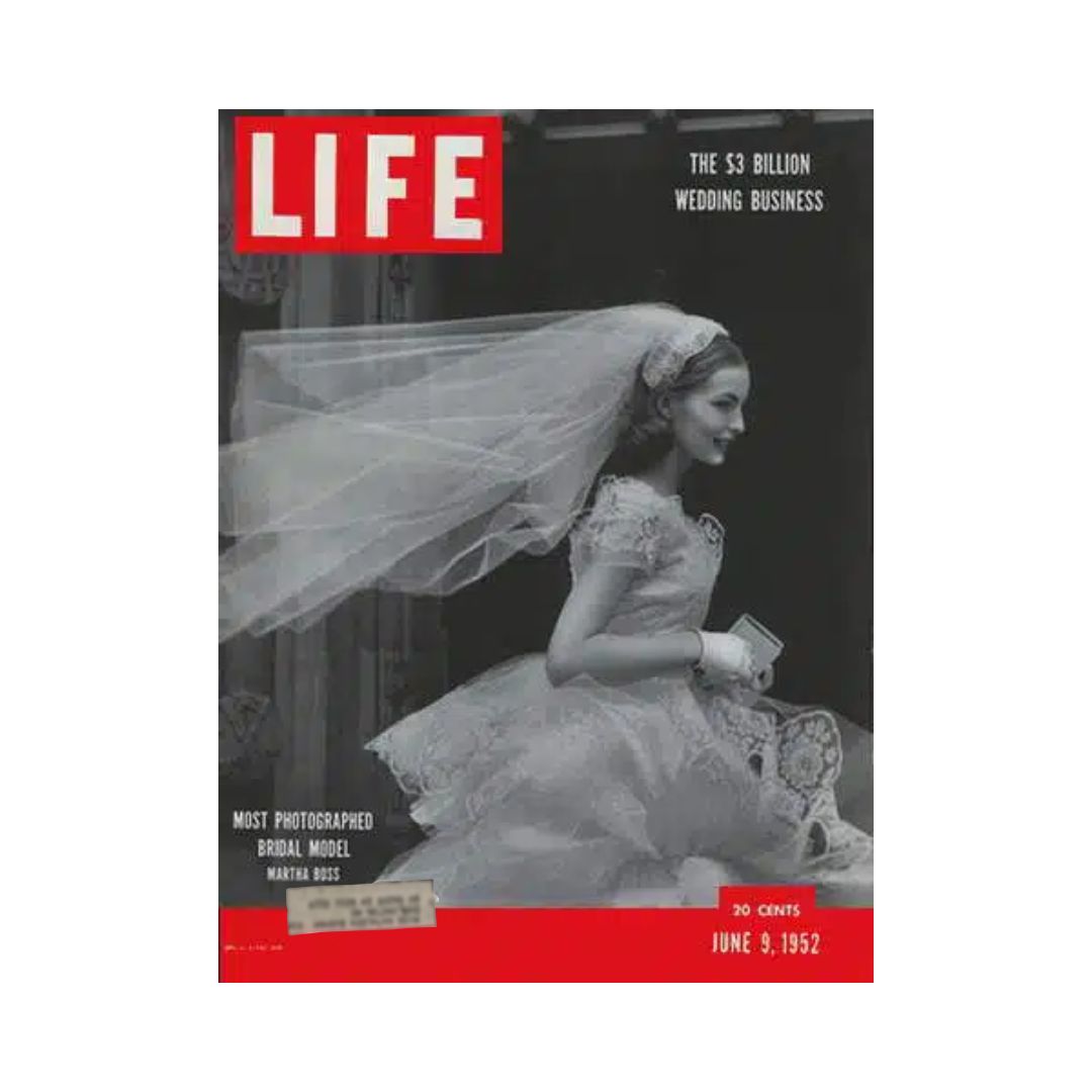 Cover of VTG Life Magazine June 9, 1952 featuring bridal fashion model Martha Boss, showcasing a bride in an elegant dress and veil.