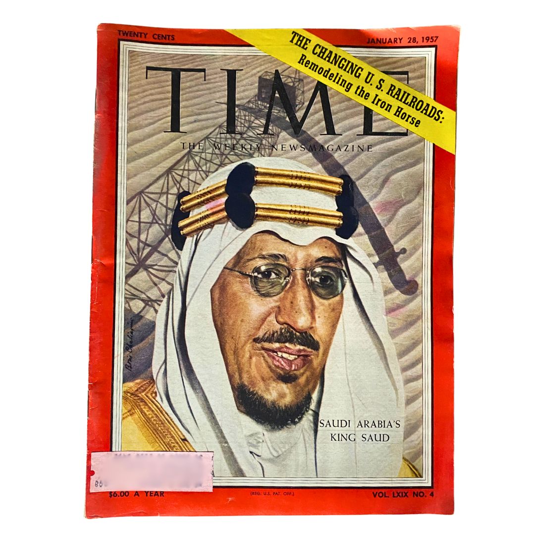 Cover of VTG Time Magazine January 28, 1957 Volume 69 No. 4 featuring Saudi Arabia's King Saud, showcasing mid-20th century journalism.