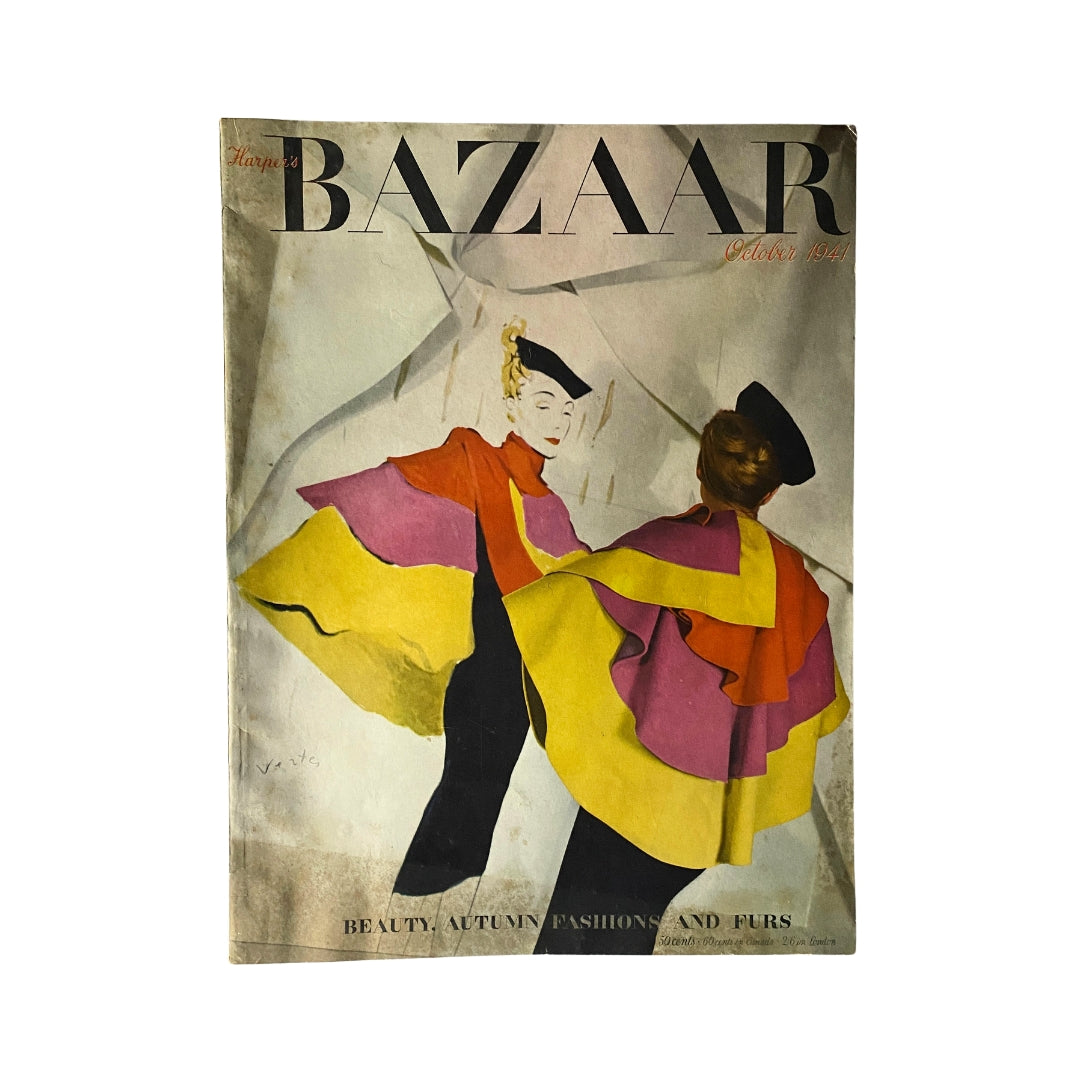 Cover of Harper's Bazaar Magazine October 1941 featuring vibrant illustrations of fashion with a focus on beauty, autumn styles, and luxury.