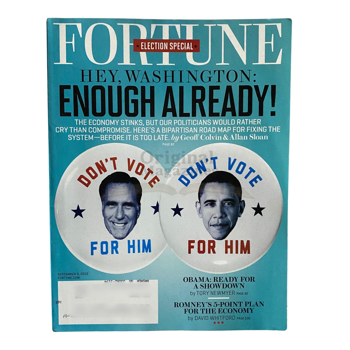 Cover of Fortune Magazine September 3, 2012 featuring Barack Obama and Mitt Romney, with headlines discussing the presidential election and contrasting economic strategies, ideal for collectors of vintage political magazines.