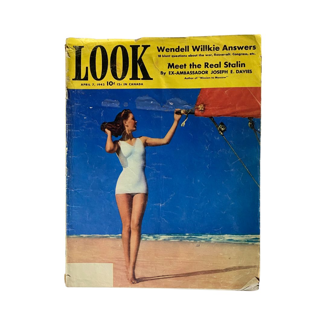 Vintage Look Magazine cover from April 7, 1942, featuring Wendell Wilkie Answers and a woman in a swimsuit holding a kite on a beach.
