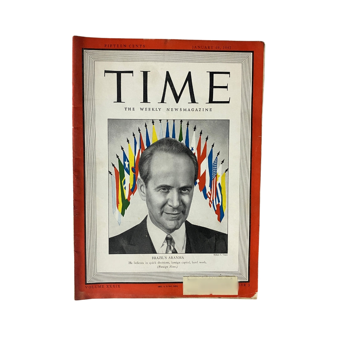 VTG Time Magazine January 19, 1942 Vol 39 No. 3 featuring Brazil's Oswaldo Aranha with colorful flags, showcasing historical insights during World War II.