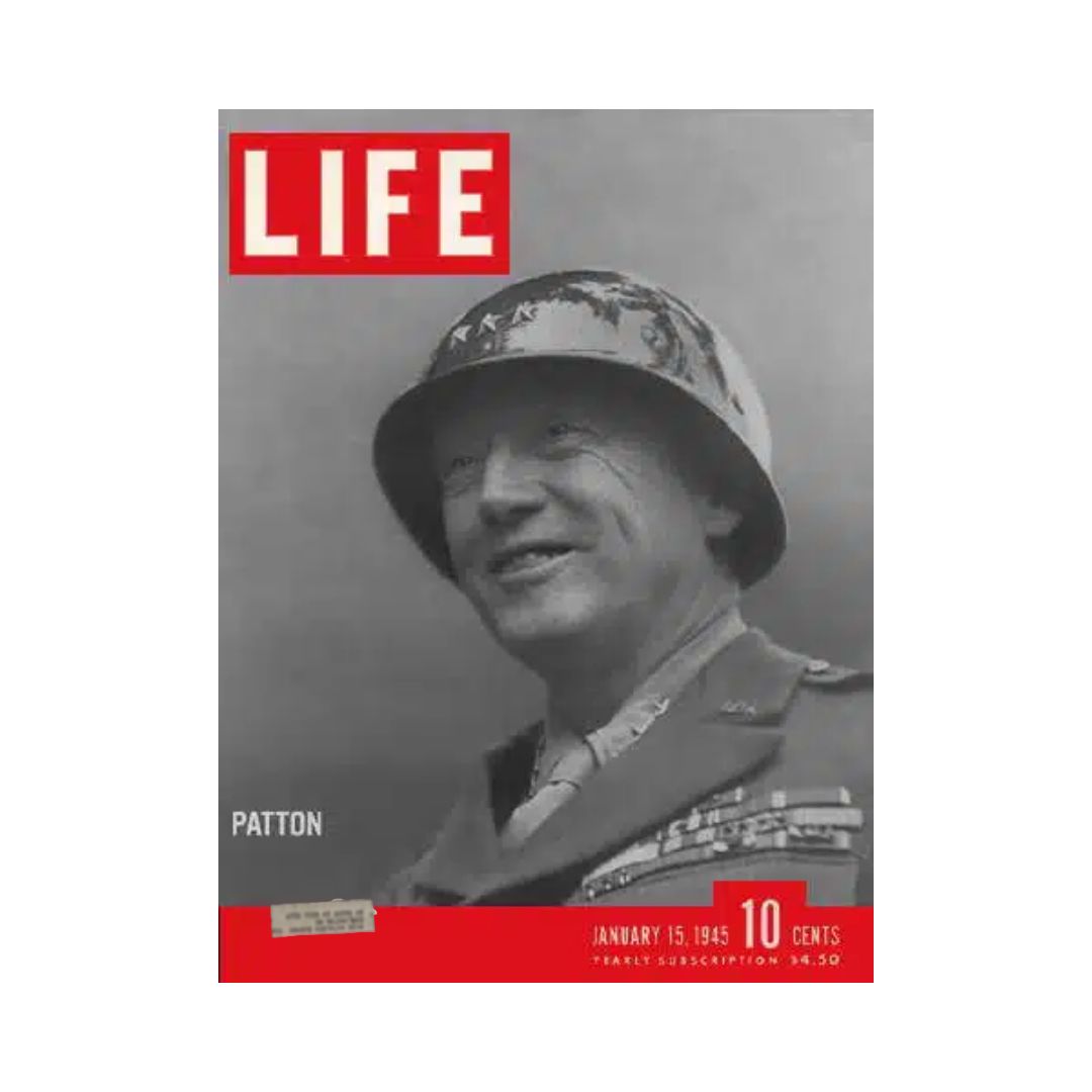 VTG Life Magazine January 15, 1945 cover featuring General George S. Patton, showcasing his iconic smile and military uniform, highlighted by the LIFE logo.