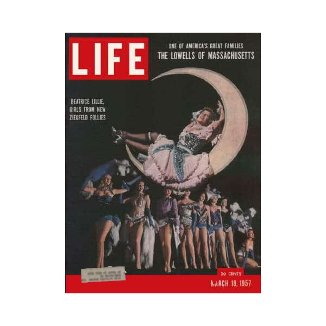 Life Magazine cover dated March 18, 1957, featuring Beatrice Lillie from the Ziegfeld Follies, showcasing colorful performances and glamorous costumes.