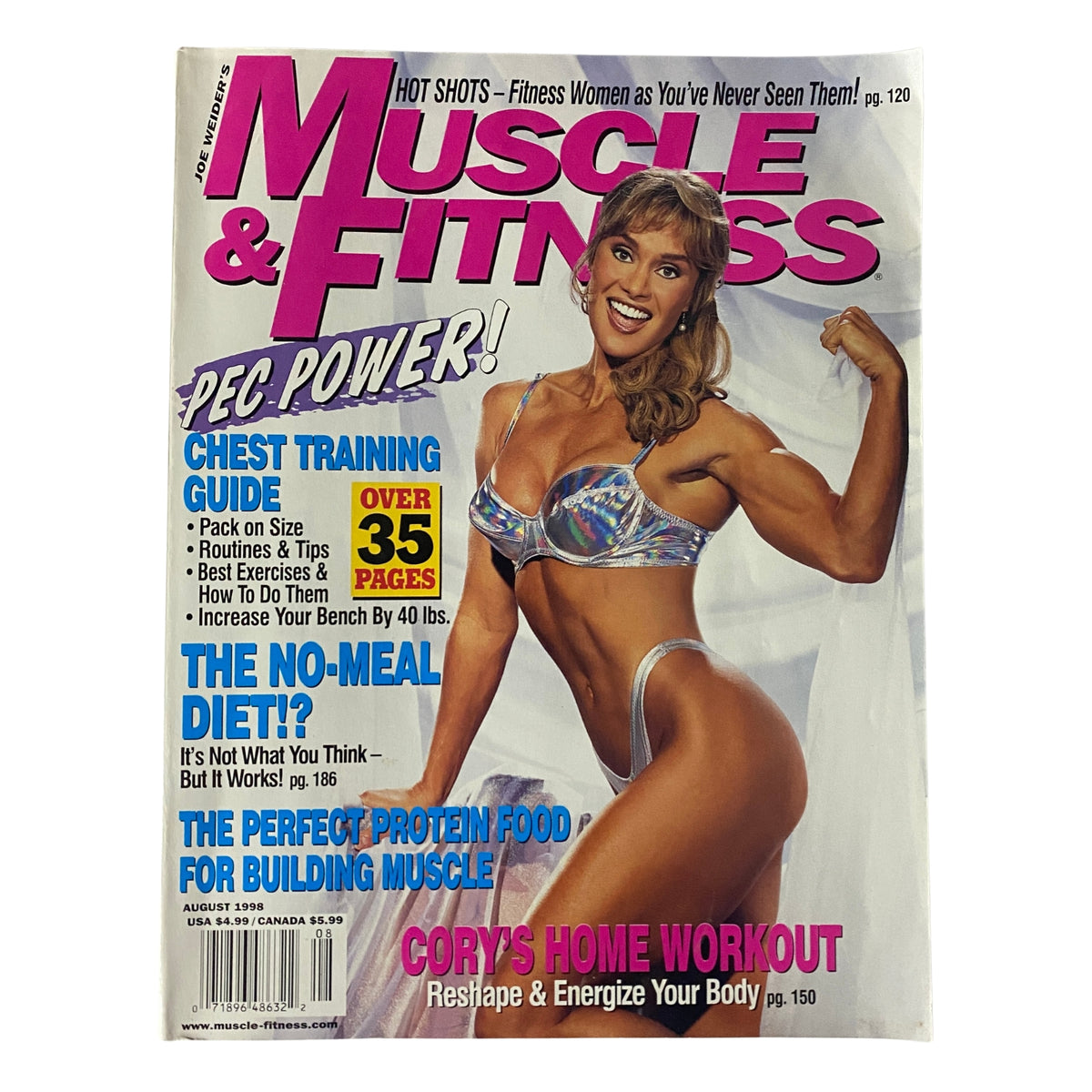 Cover of Muscle & Fitness Magazine August 1998, featuring Cory Everson and headlines about fitness training and nutrition.