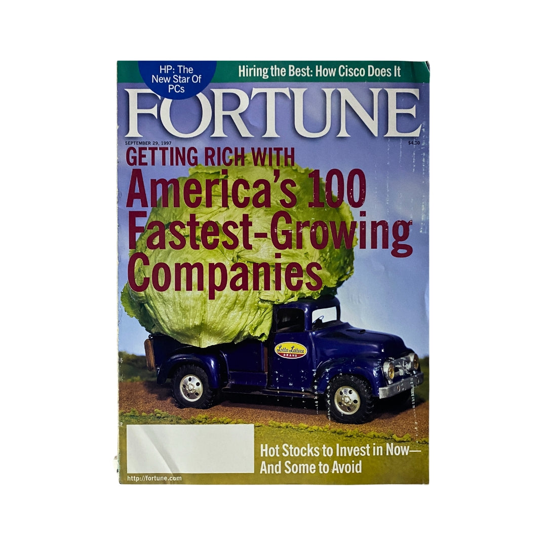 Cover of Fortune Magazine from September 29, 1997, featuring the title 'Getting Rich with America's 100 Fastest-Growing Companies.' The image shows a vintage blue truck carrying a large green lettuce head, illustrating the theme of growth and prosperity in business.