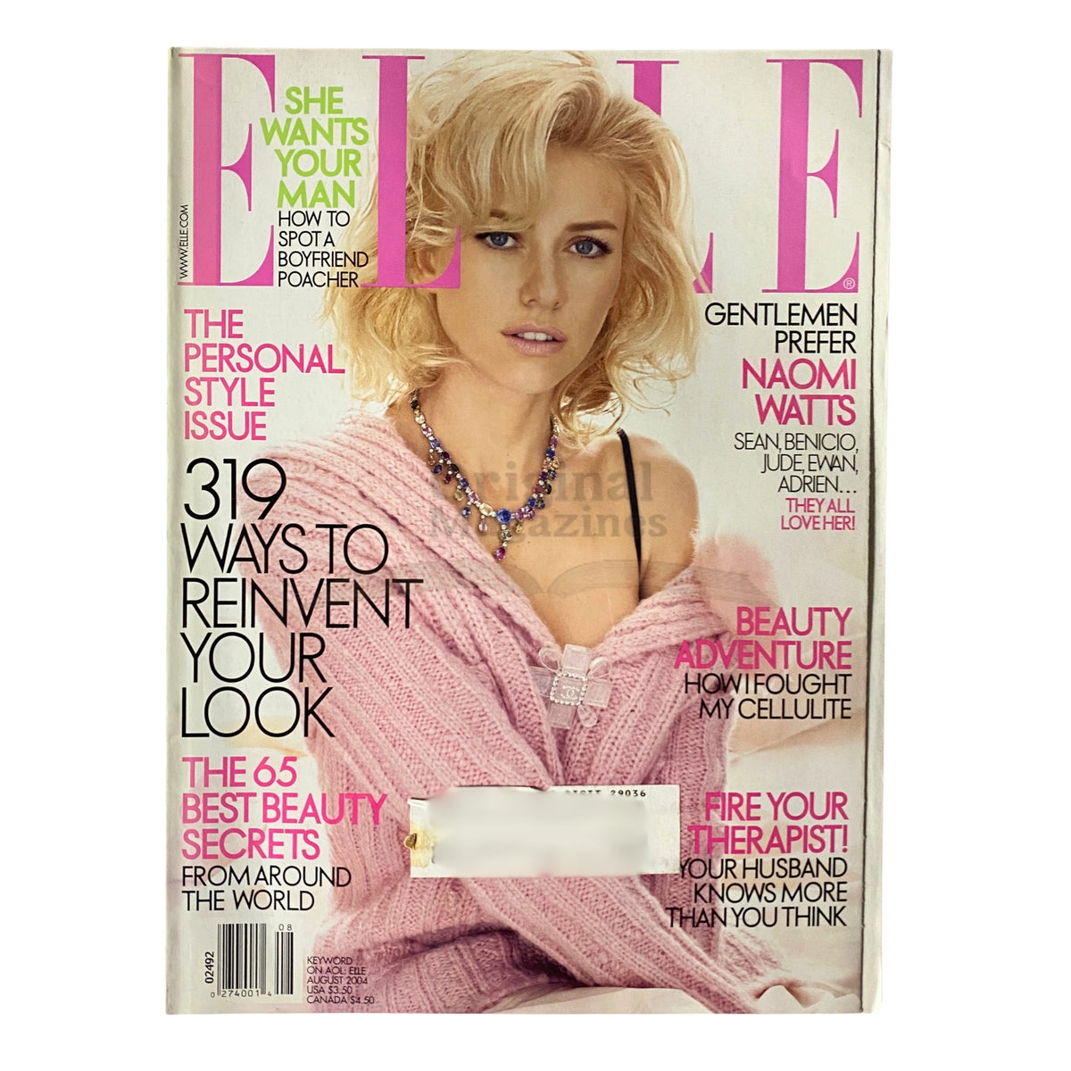Elle Magazine August 2004 cover featuring Naomi Watts, showcasing her elegant style and classic fashion from the early 2000s.