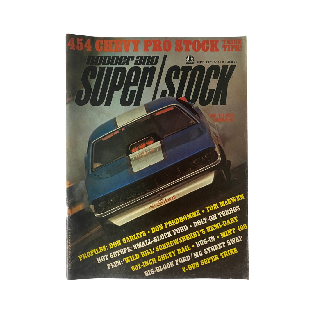 Cover of VTG Super Stock Magazine September 1971 featuring 'Big Daddy' Don Garlits and Don Prudhomme, highlighting 454 Chevy Pro Stock Trick Tips. This vintage magazine showcases iconic drag racing profiles and is a collectible piece from the golden age of motorsports.