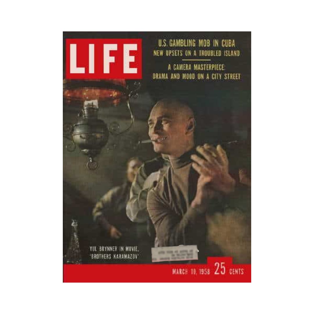 Cover of VTG Life Magazine from March 10, 1958 featuring Yul Brynner in the movie Brothers Karamazov, with headlines about U.S. gambling and various cultural topics.