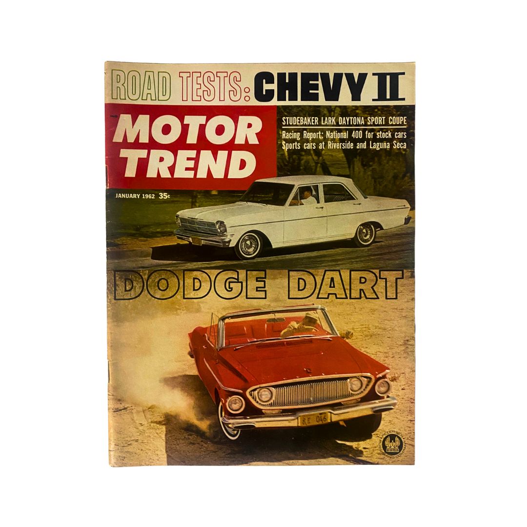 Vintage Motor Trend Magazine from January 1962 featuring a classic cover with a red Dodge Dart and a white Chevy II. Highlighting road tests and automotive history.