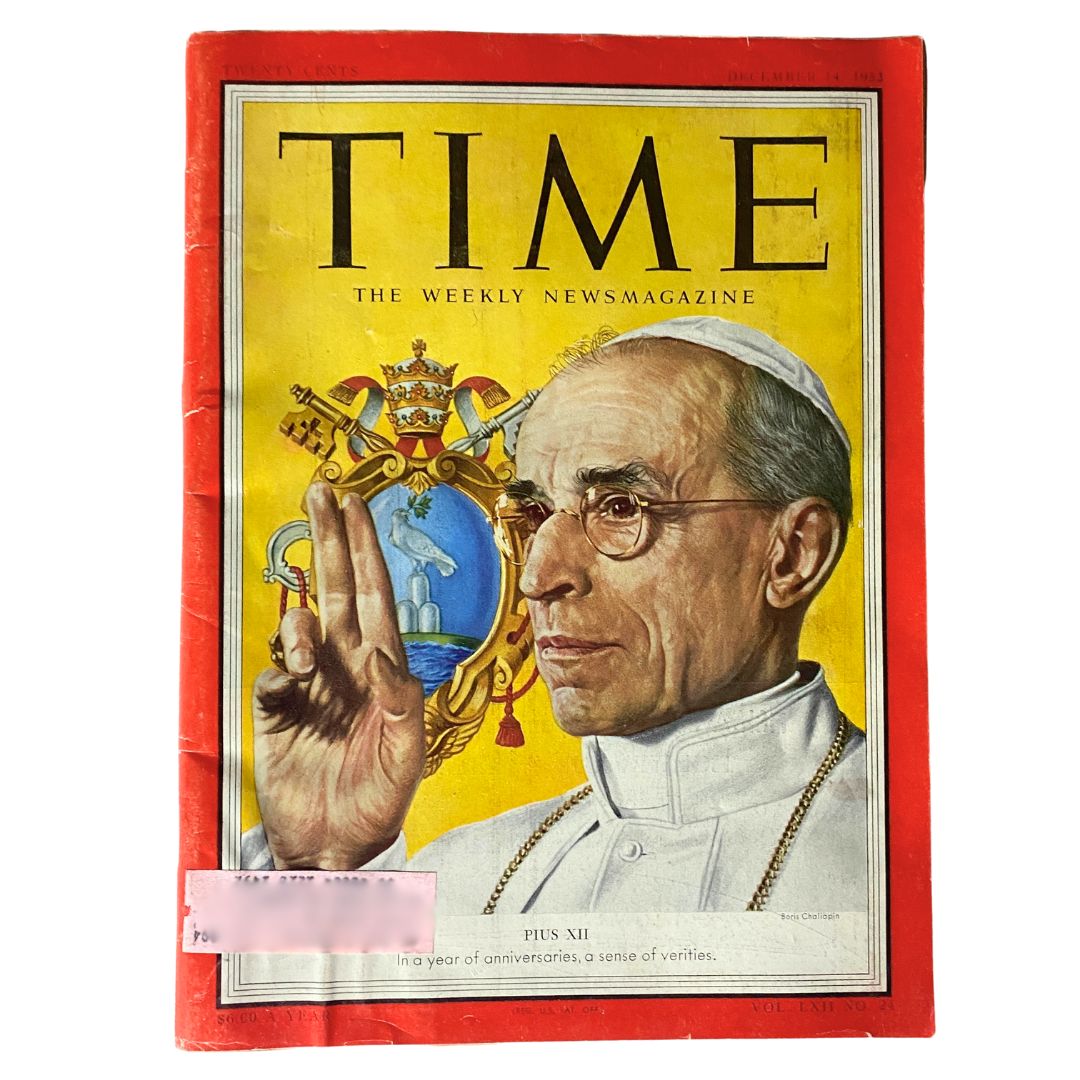 VTG Time Magazine December 14, 1953 featuring Pope Pius XII on the cover with an illustration of him holding a hand gesture, surrounded by vibrant colors and emblematic symbols representing his papacy, making it a significant piece of historical memorabilia.