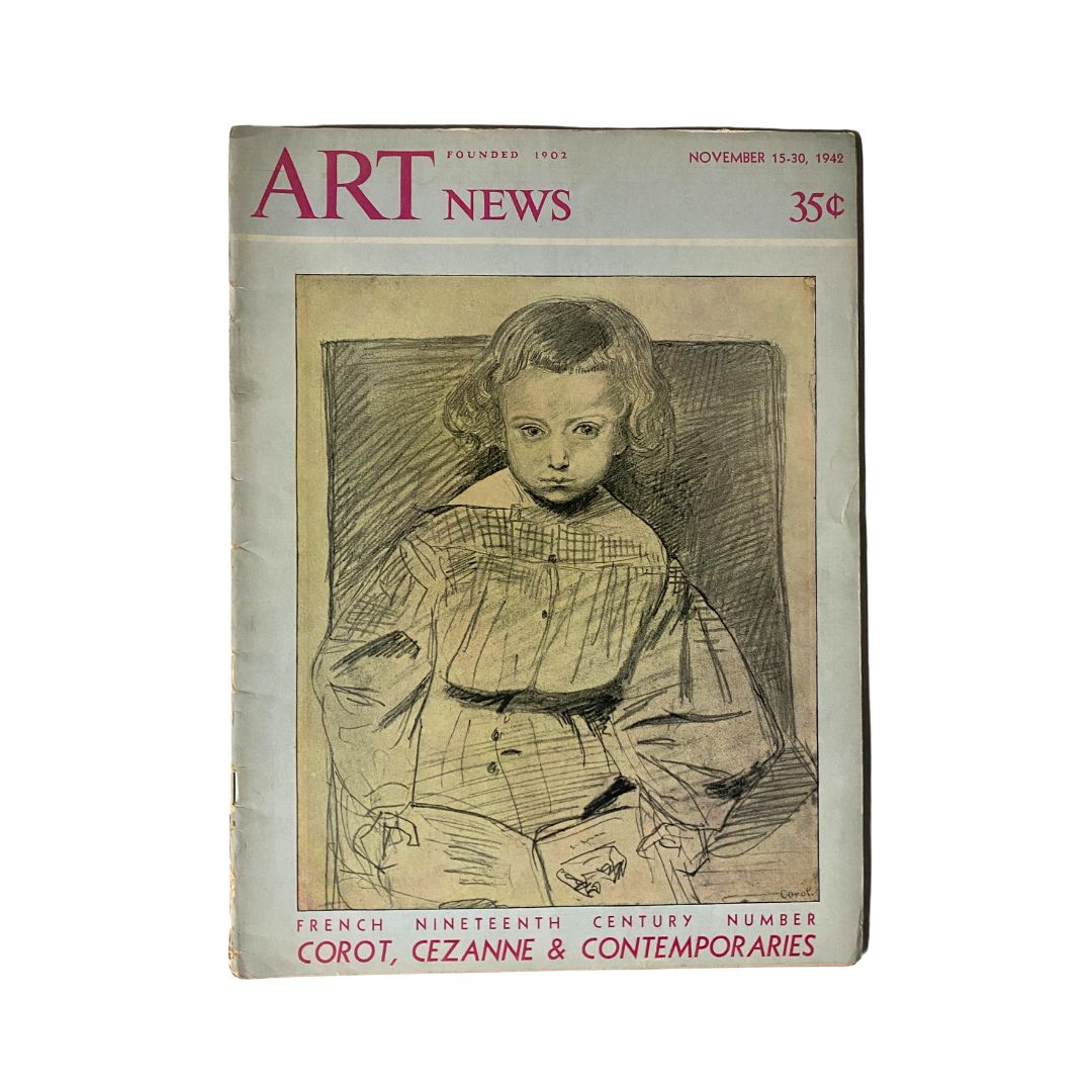 Cover of the VTG Art News Magazine November 15, 1942 featuring a pencil drawing by Henry Leroy. Highlights include information on Corot and exhibitions during World War II.
