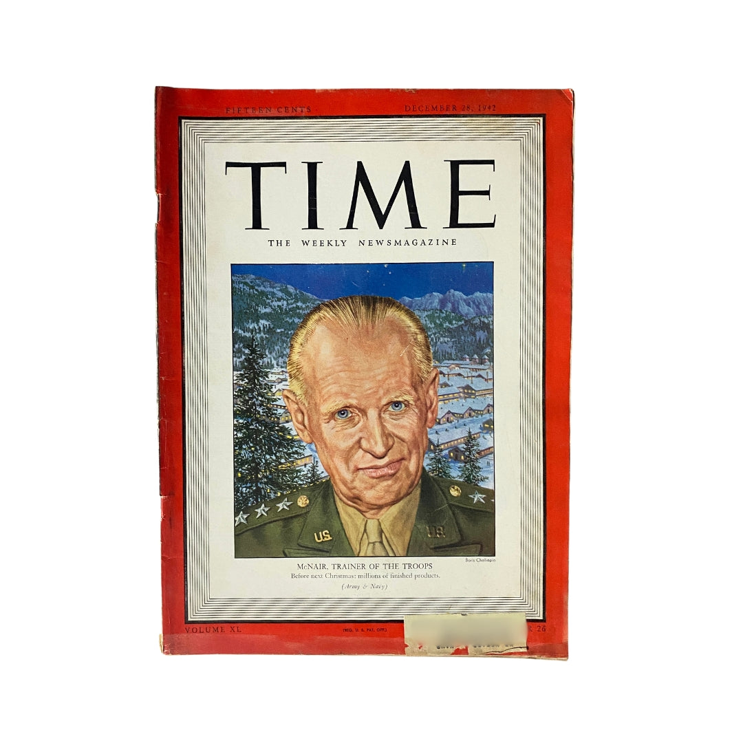 Vintage Time Magazine cover from December 28, 1942, featuring McNair, Trainer of The Troops, highlighting a historical military theme with snowy mountainous background and bold portrait.
