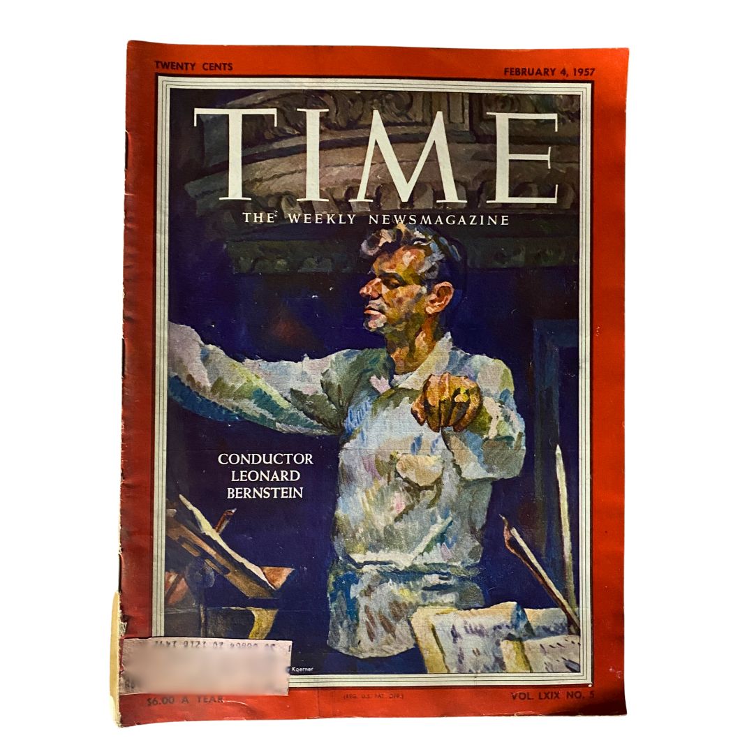 Cover of VTG Time Magazine February 4, 1957 featuring conductor Leonard Bernstein, showcasing vibrant artwork and historical significance.