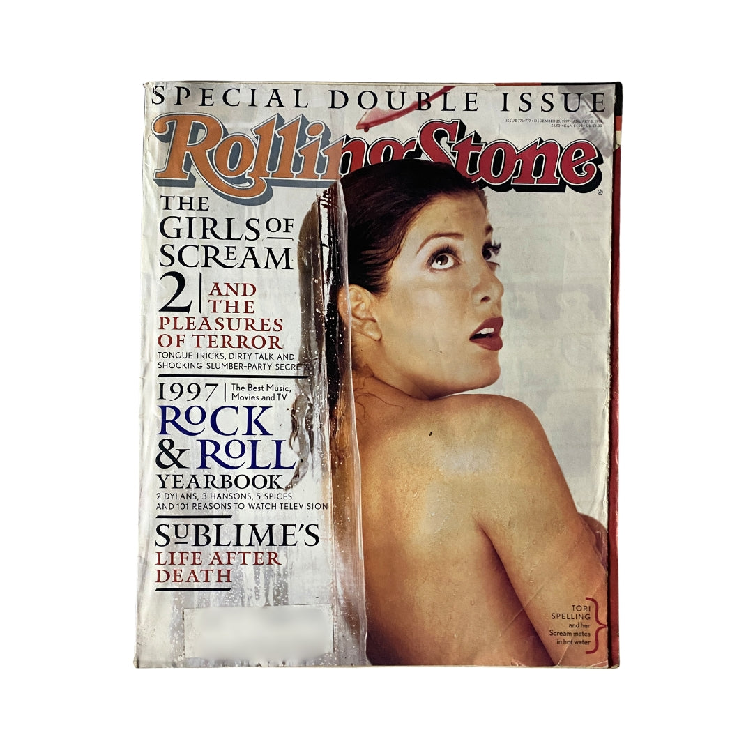 Cover of Rolling Stone Magazine December 25, 1997, Issue 776/777 featuring Tori Spelling, highlighting the themes of the 'Girls of Scream', the '1997 Rock & Roll Yearbook', and the article on 'Sublime's Life After Death'.