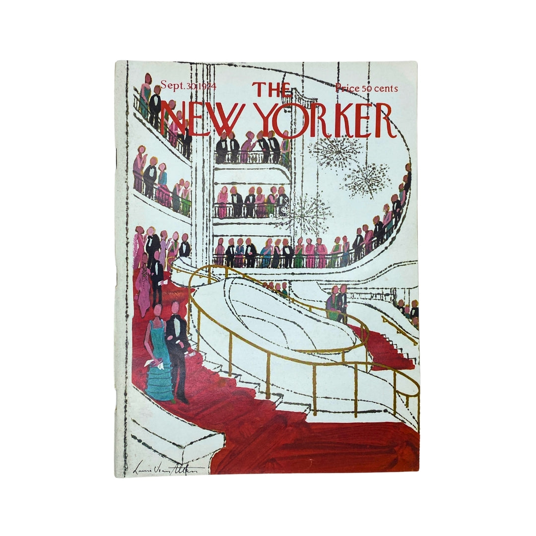 The New Yorker complete magazine September 30, 1974 featuring a vintage cover illustration by Laura Jean Allen, showcasing a glamorous scene with elegantly dressed individuals at a staircase.