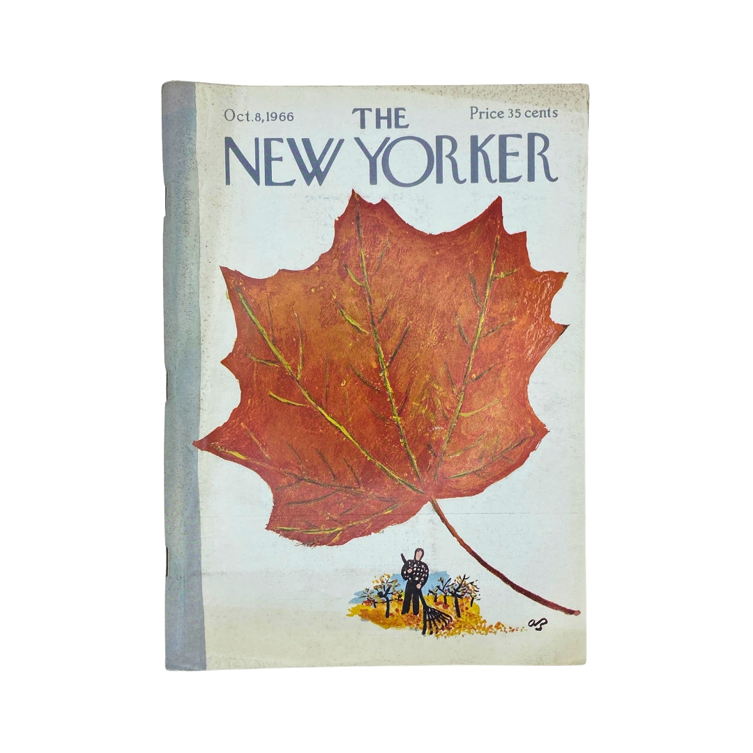 The New Yorker Complete Magazine October 8, 1966 featuring Abe Birnbaum's artistic cover of a large autumn leaf. Vintage magazine in excellent condition.