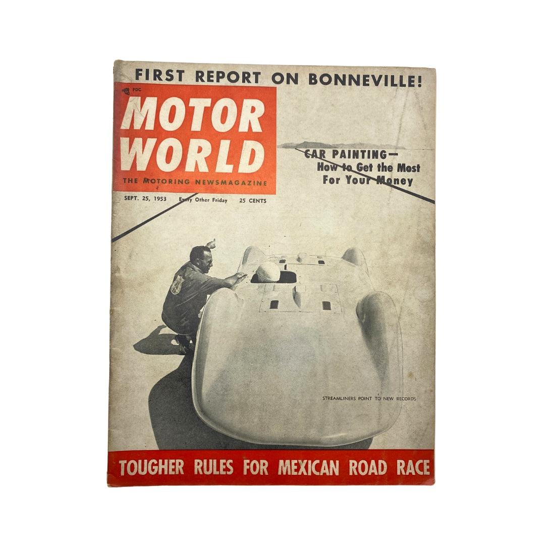 Cover of VTG Motor World Magazine dated September 25, 1953, featuring a car and articles about the Mexican Road Race and car painting tips.