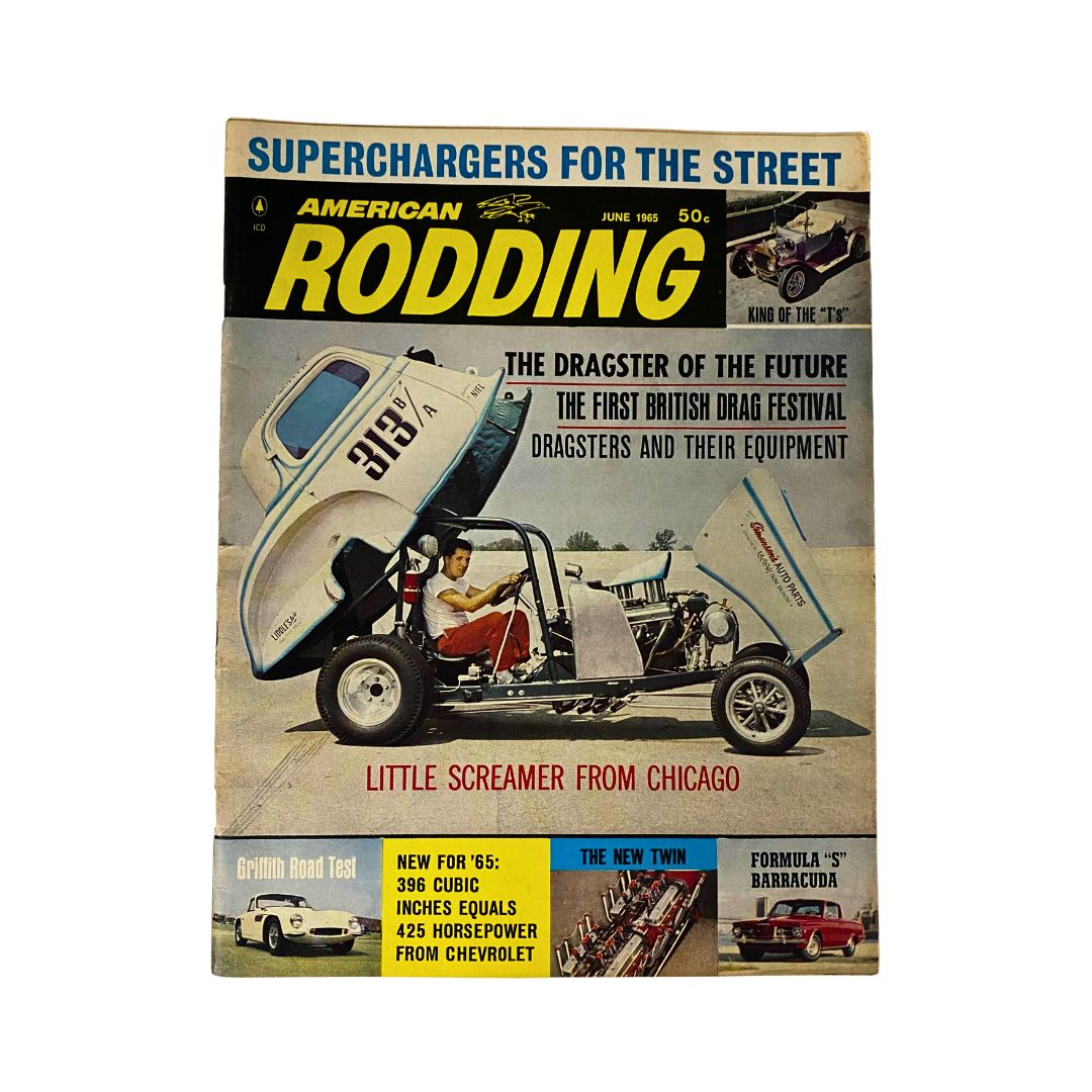 Cover of the vintage American Rodding Magazine June 1965, titled 'Little Screamer from Chicago', featuring a dragster with an open body design and showcasing hot rod culture.