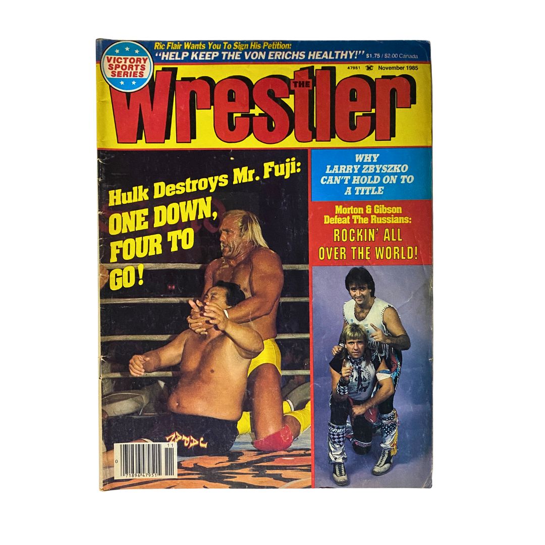 Vintage The Wrestler Magazine from November 1985 featuring Hulk Hogan vs Mr. Fuji on the cover, showcasing iconic wrestling history and dramatic action in professional wrestling.