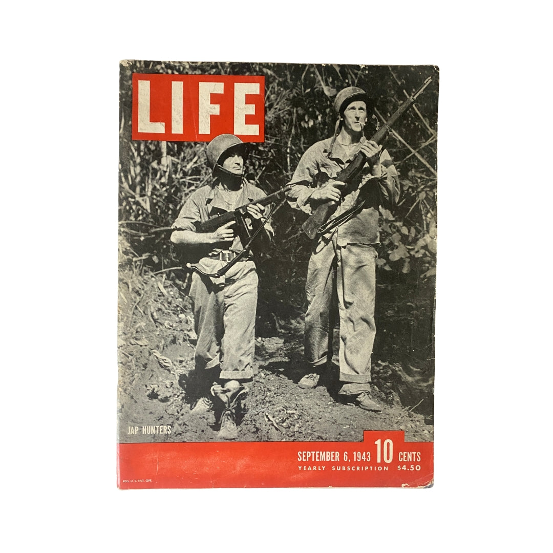 Cover of VTG Life Magazine September 6, 1943 Vol 15 No. 10 titled 'Jap Hunters', featuring two soldiers with rifles in a jungle setting.