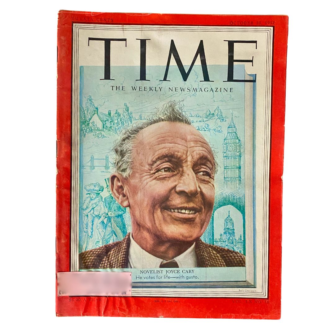 Vintage Time Magazine October 20, 1952 featuring novelist Joyce Cary on the cover, showcasing a portrait of Cary against a backdrop of British landmarks.
