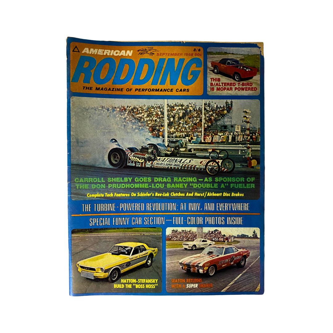 American Rodding Magazine September 1968 featuring Carroll Shelby on the cover, showcasing drag racing highlights and classic muscle cars.