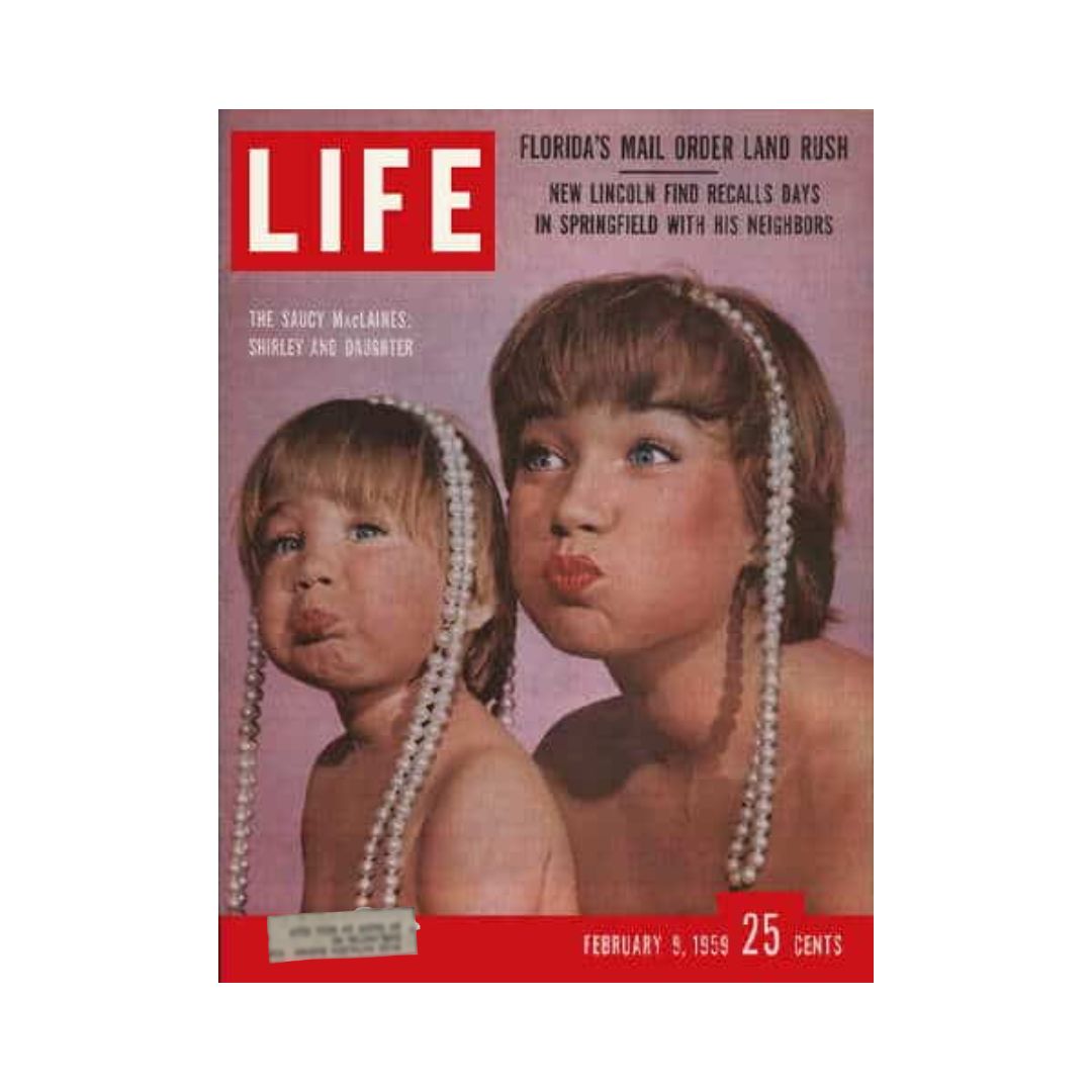 VTG Life Magazine February 9, 1959 featuring Shirley MacLaine and her daughter Sachie on the cover, showcasing their playful expressions with pearls, representative of the late 1950s culture.