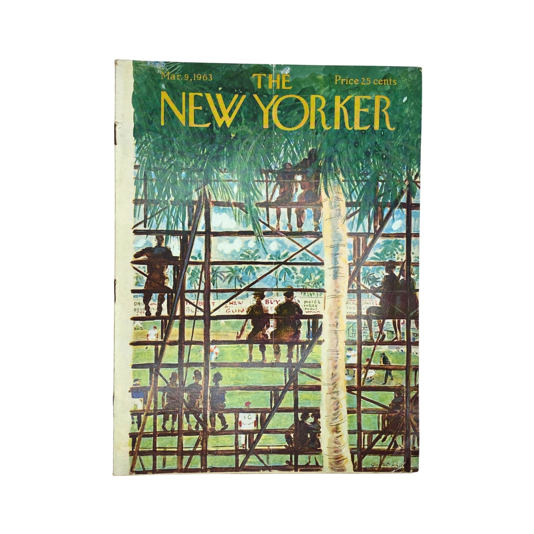 Cover of The New Yorker magazine dated March 9, 1963, featuring artwork by Garrett Price, showcasing figures on a scaffold amidst greenery, with a price of 25 cents.