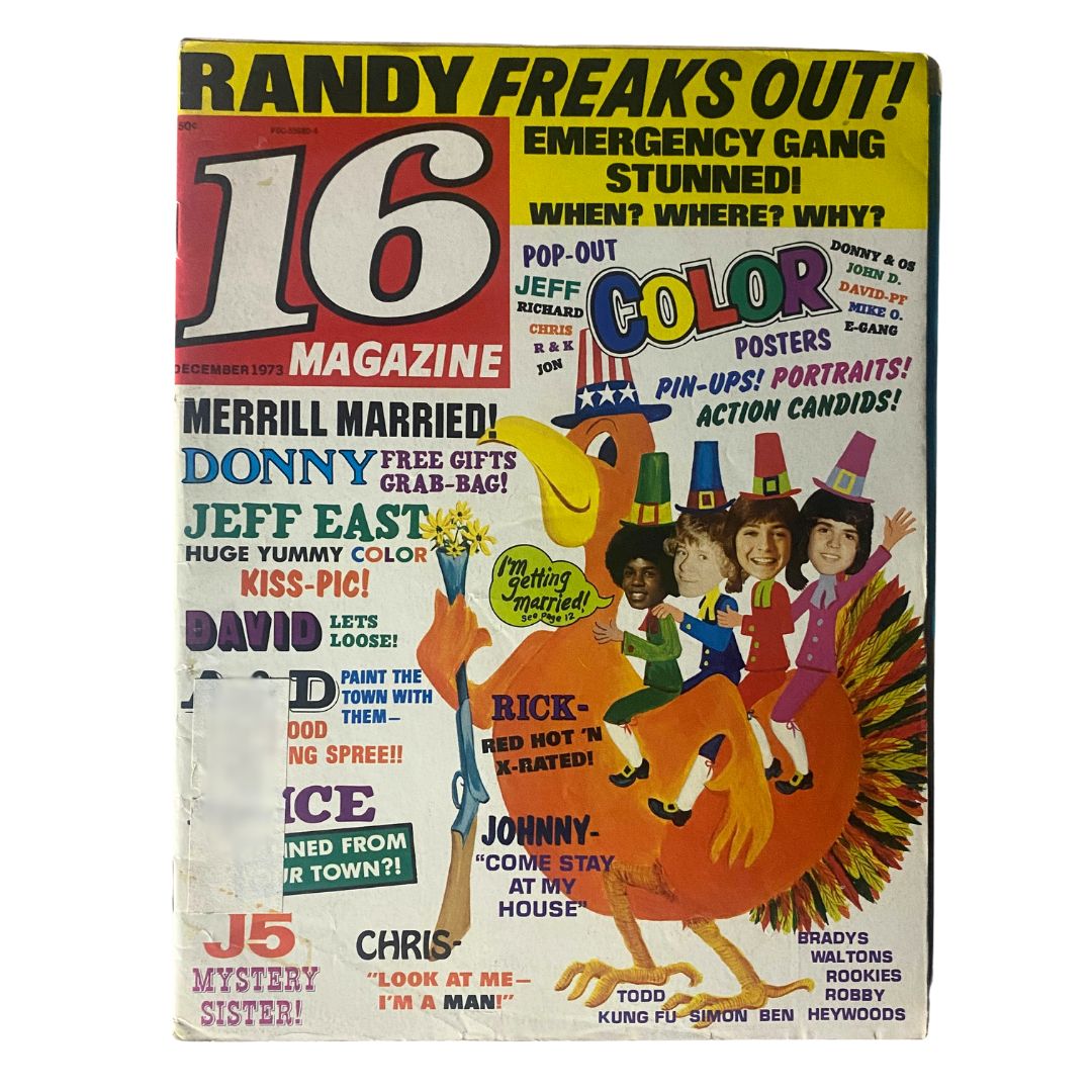 Cover of VTG 16 Magazine December 1973, Volume 15 No. 7 featuring Andy & David Williams, with bright colors and promotional content about pop culture, a unique magazine collectible with a poster.