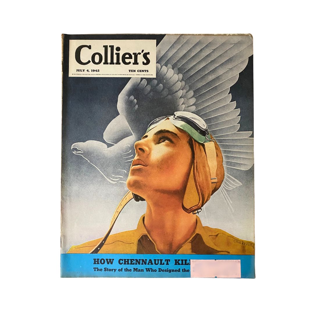 VTG Collier's Magazine July 4, 1942 featuring a captivating cover illustration by Charles R. Chickering, depicting a young pilot looking upwards with a dramatic eagle in the background.