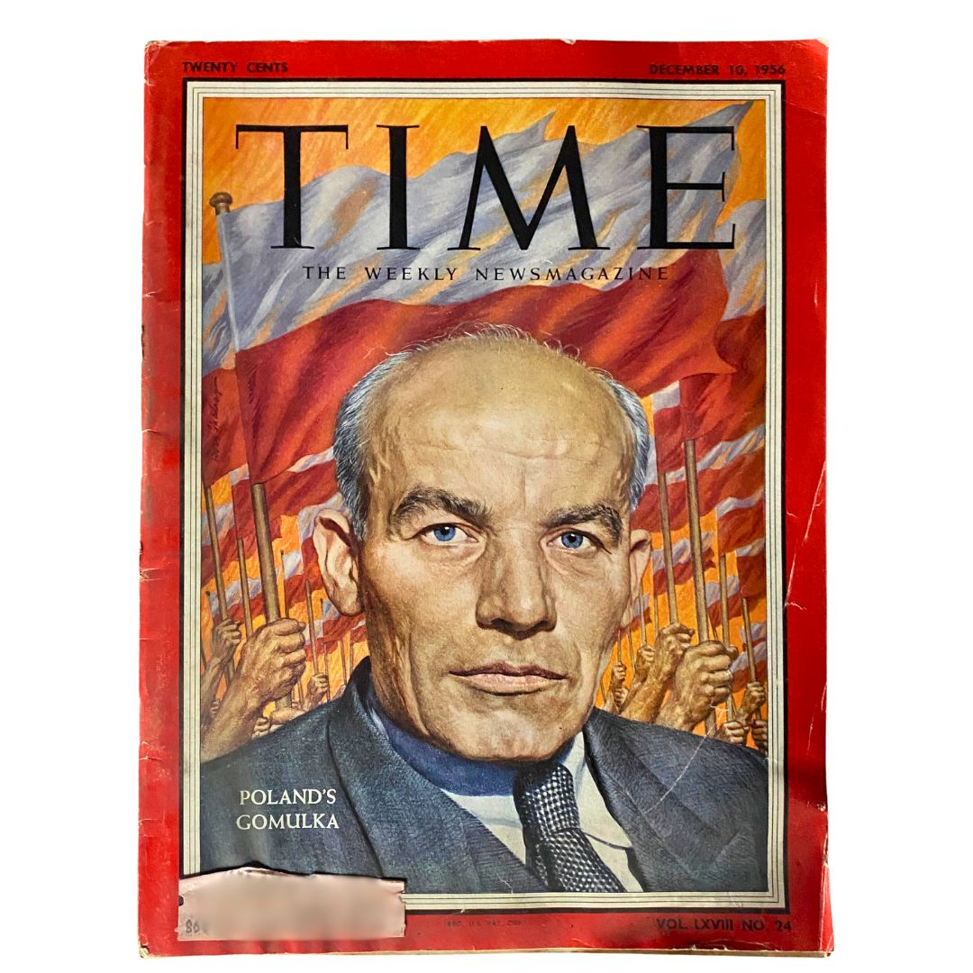 Cover of VTG Time Magazine from December 10, 1956 featuring Poland's Wladyslaw Gomulka with red background and flags.