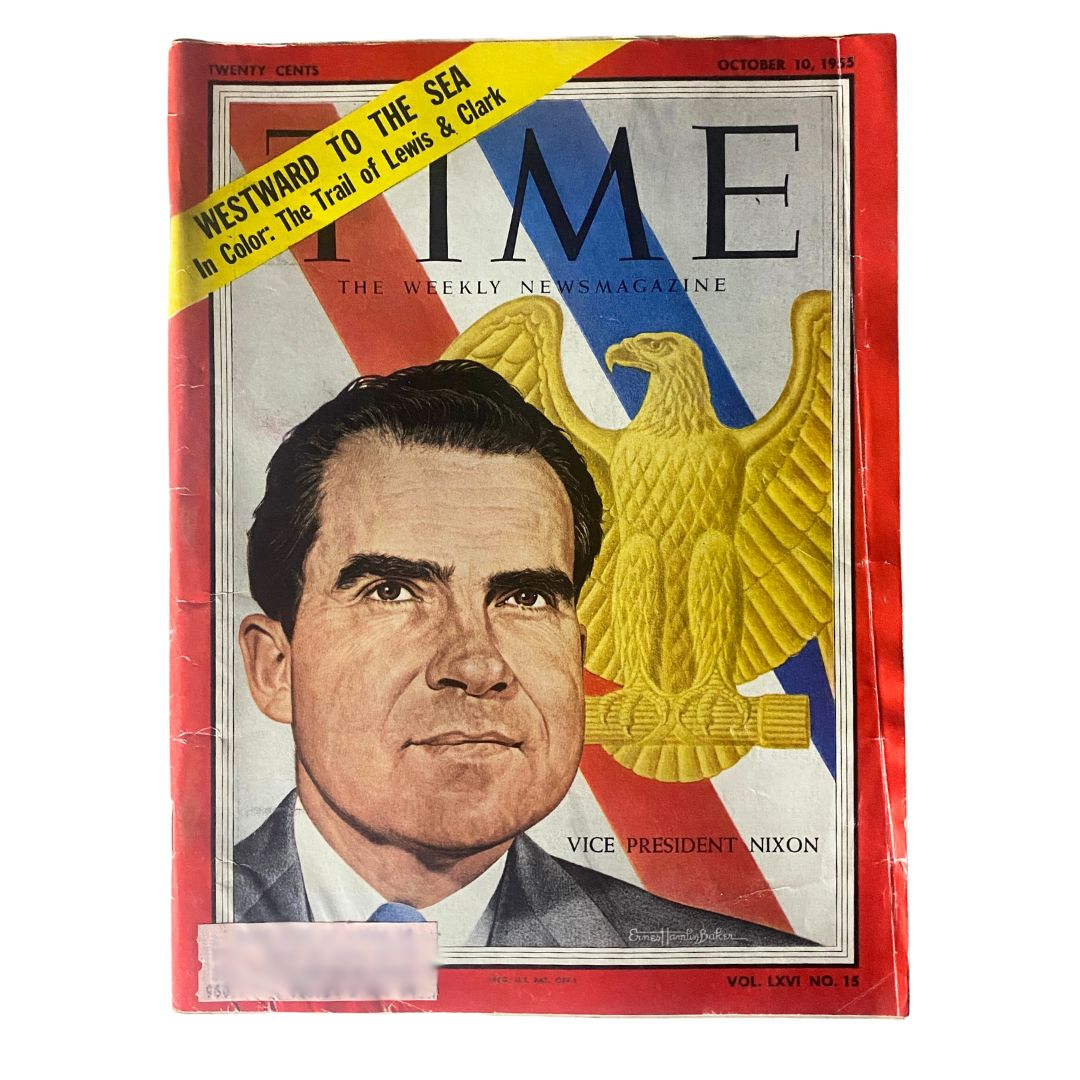 VTG Time Magazine October 10, 1955 featuring a close-up of Vice President Richard Nixon on the cover with graphic design elements, showcasing a historic political artifact.