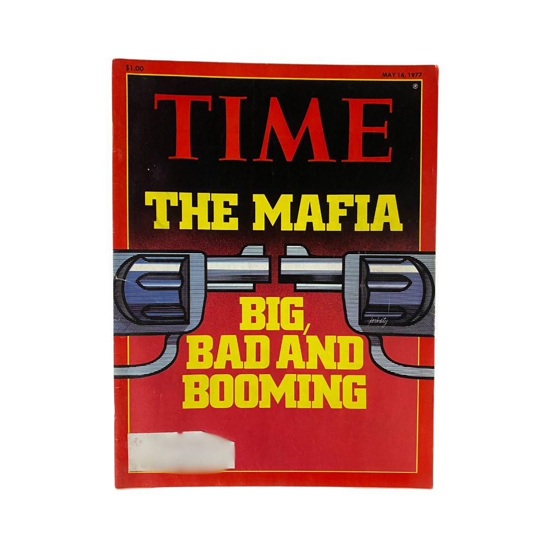 VTG Time Magazine May 16, 1977 The Mafia, Big, Bad and Booming cover featuring a striking design with a revolver and bold typography, showcasing its significance in vintage magazine collections.