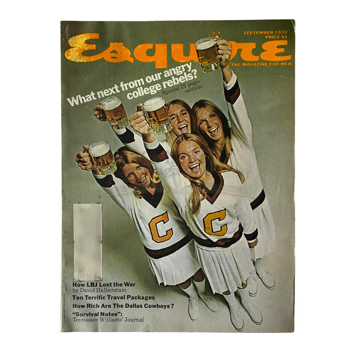 Esquire Magazine September 1972 cover featuring a group of women in cheerleader outfits holding drinks. The title reads 'How Lyndon B. Johnson Lost the War'.