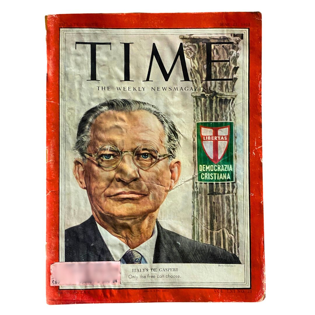 VTG Time Magazine May 25, 1953 Vol 61 No. 21 featuring Italy's Alcide De Gasperi on the cover, showcasing historical journalism with a focus on post-war Italy.