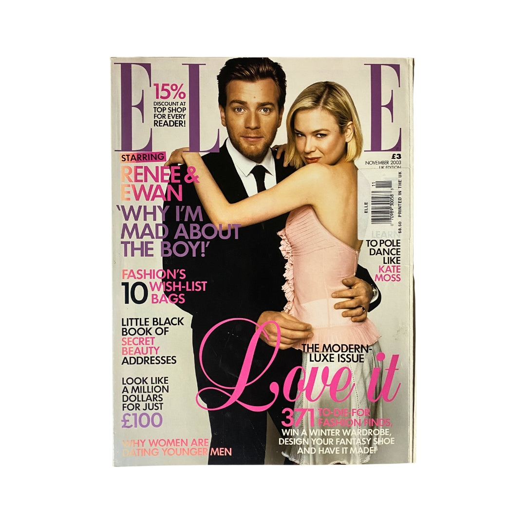 Elle UK Magazine November 2003 featuring Renée Zellweger and Ewan McGregor on the cover, showcasing early 2000s fashion.