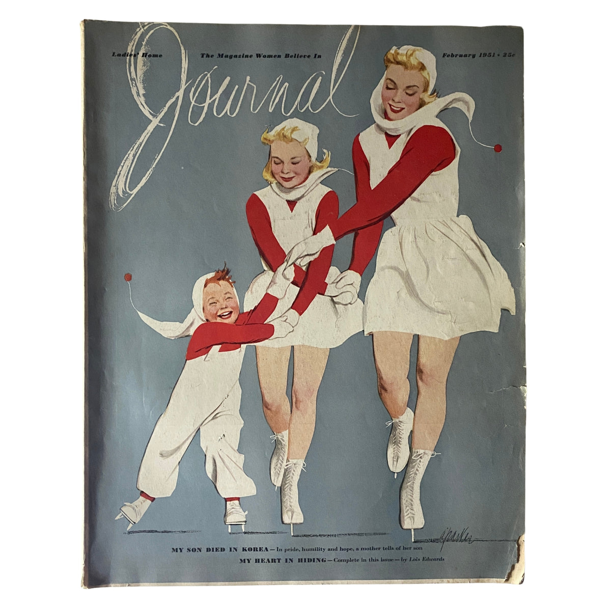 Cover of Ladies' Home Journal Magazine February 1951 featuring children and women in winter outfits, showcasing vintage fashion and family themes.