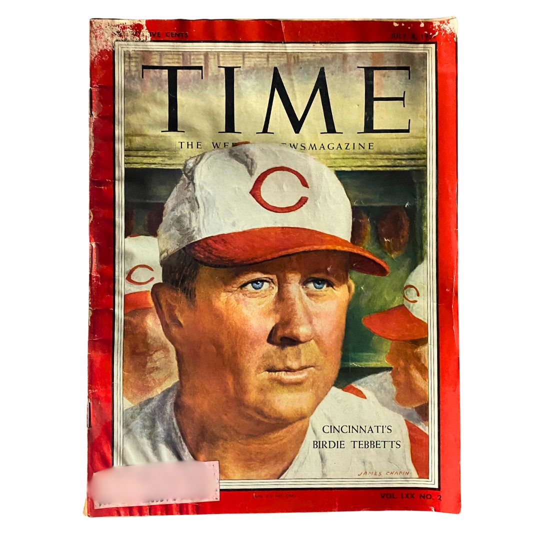 Cover of VTG Time Magazine from July 8, 1957, Volume 70, Number 2 featuring Cincinnati's Birdie Tebbetts. This vintage magazine highlights a significant moment in baseball history.