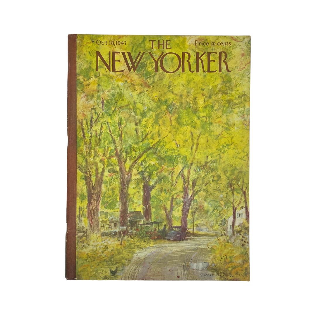 The New Yorker Complete Magazine, October 18, 1947, featuring a beautiful cover illustration by Garrett Price depicting a scenic road lined with trees, capturing the essence of mid-century America.
