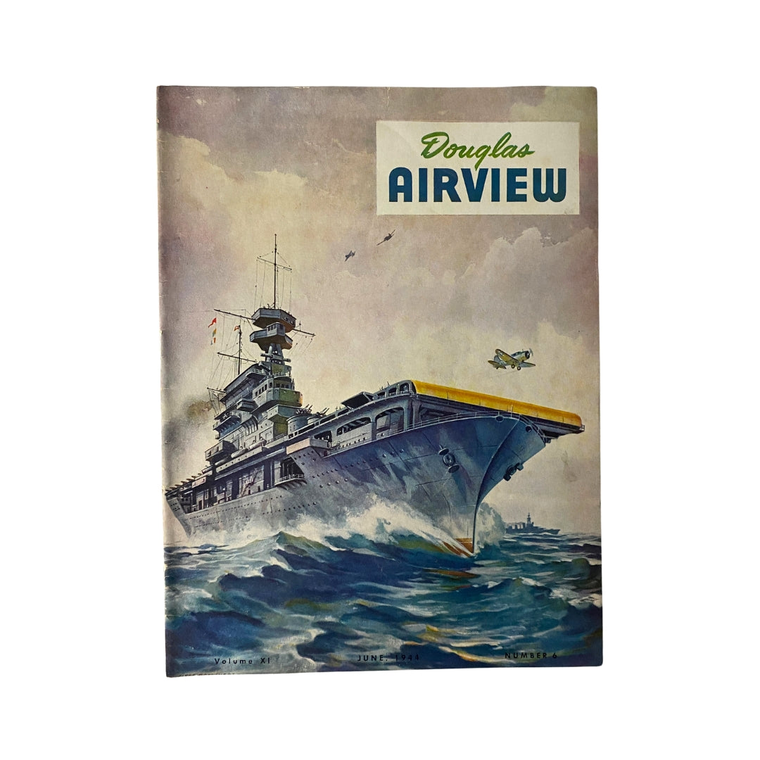 Douglas Airview Magazine June 1944 cover featuring a military ship at sea with planes above, highlighting the theme 'Airline Toward Tokyo.'