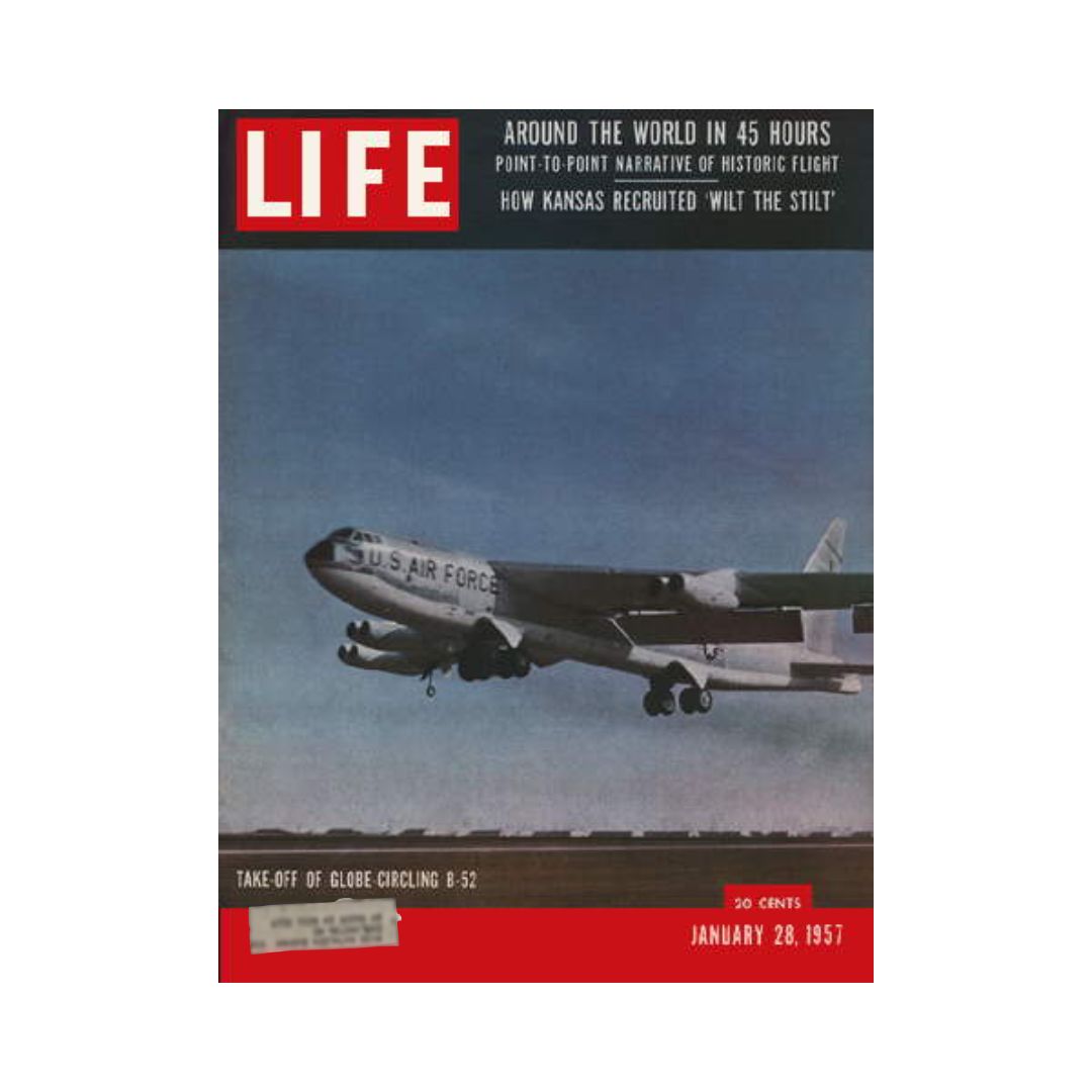 Vintage Life Magazine cover from January 28, 1957 featuring an iconic illustration of the Boeing B-52 Bomber, highlighting its significant role in U.S. military aviation during the Cold War.