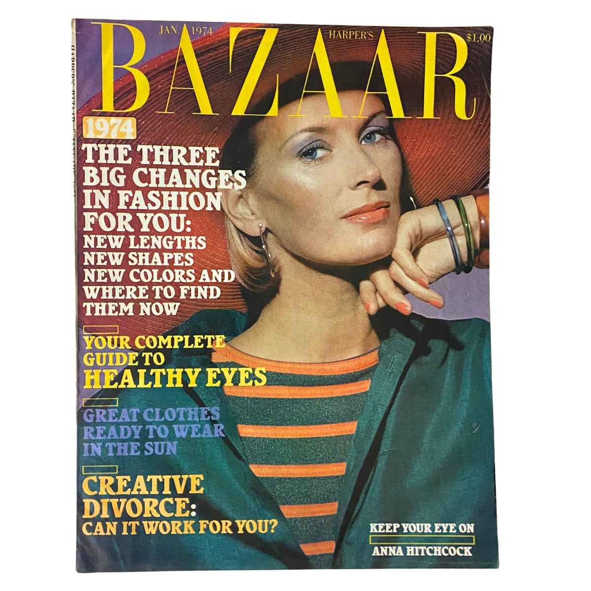 Cover of Harper's Bazaar Magazine January 1974 featuring Anna Hitchcock, showcasing the title and highlights of fashion changes and trends for the year.